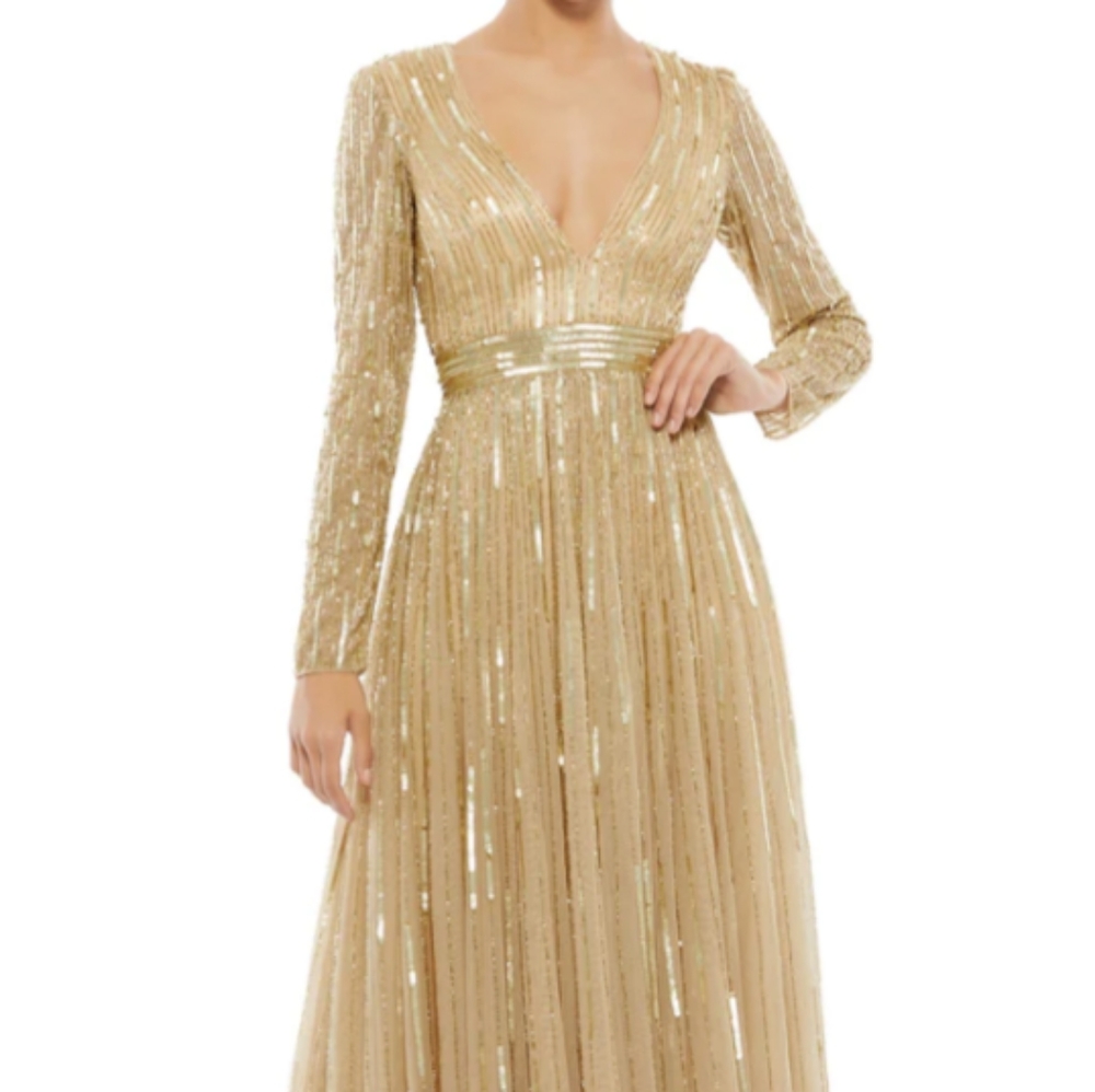Mac Duggal SEQUINED V NECK ILLUSION SLEEVE A LINE GOWN